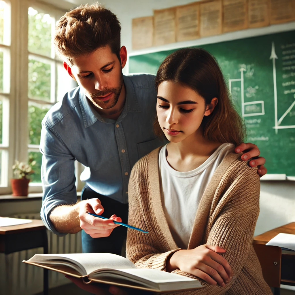 Teacher guiding a student in a classroom.