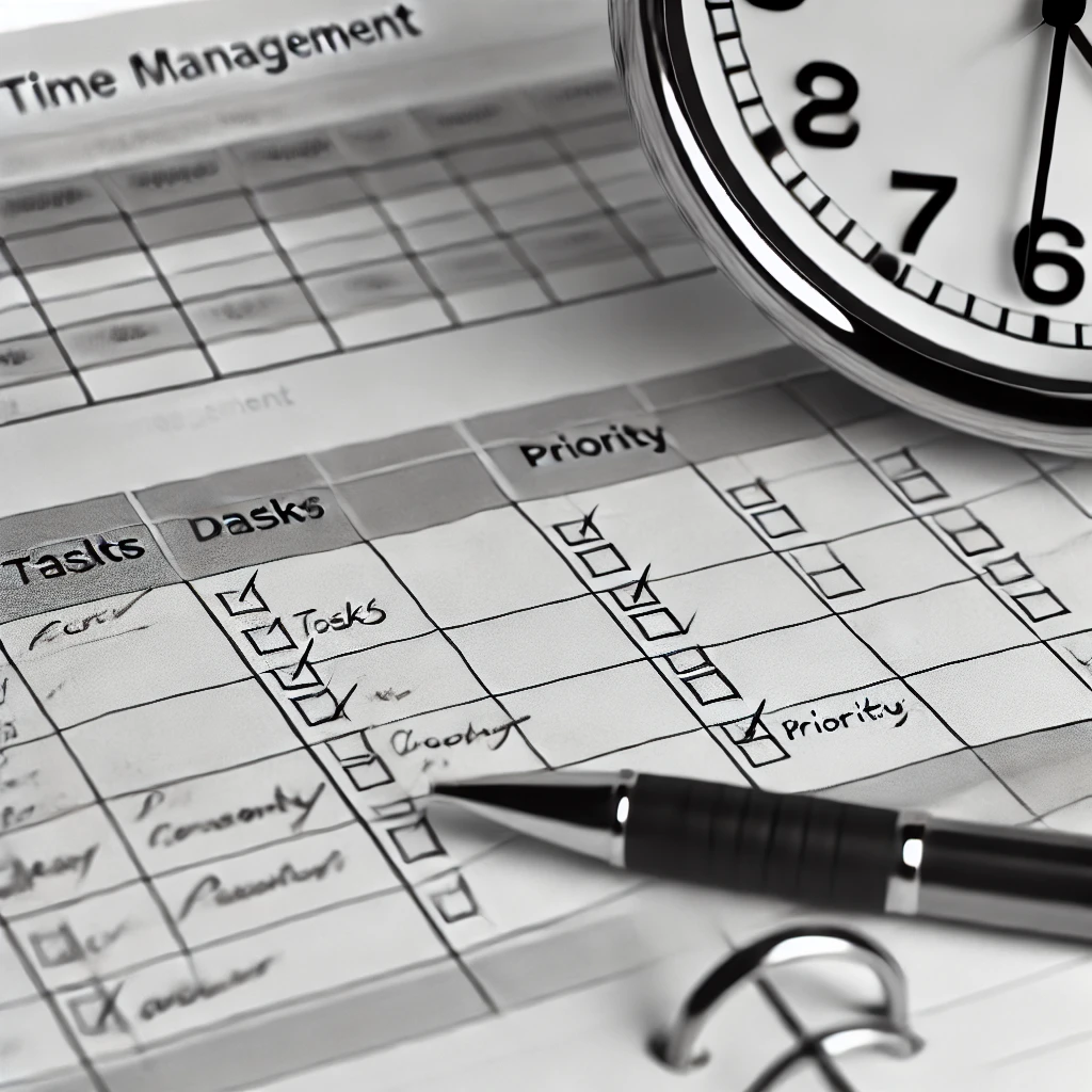 Close-up of a completed time management worksheet with tasks and a pen.