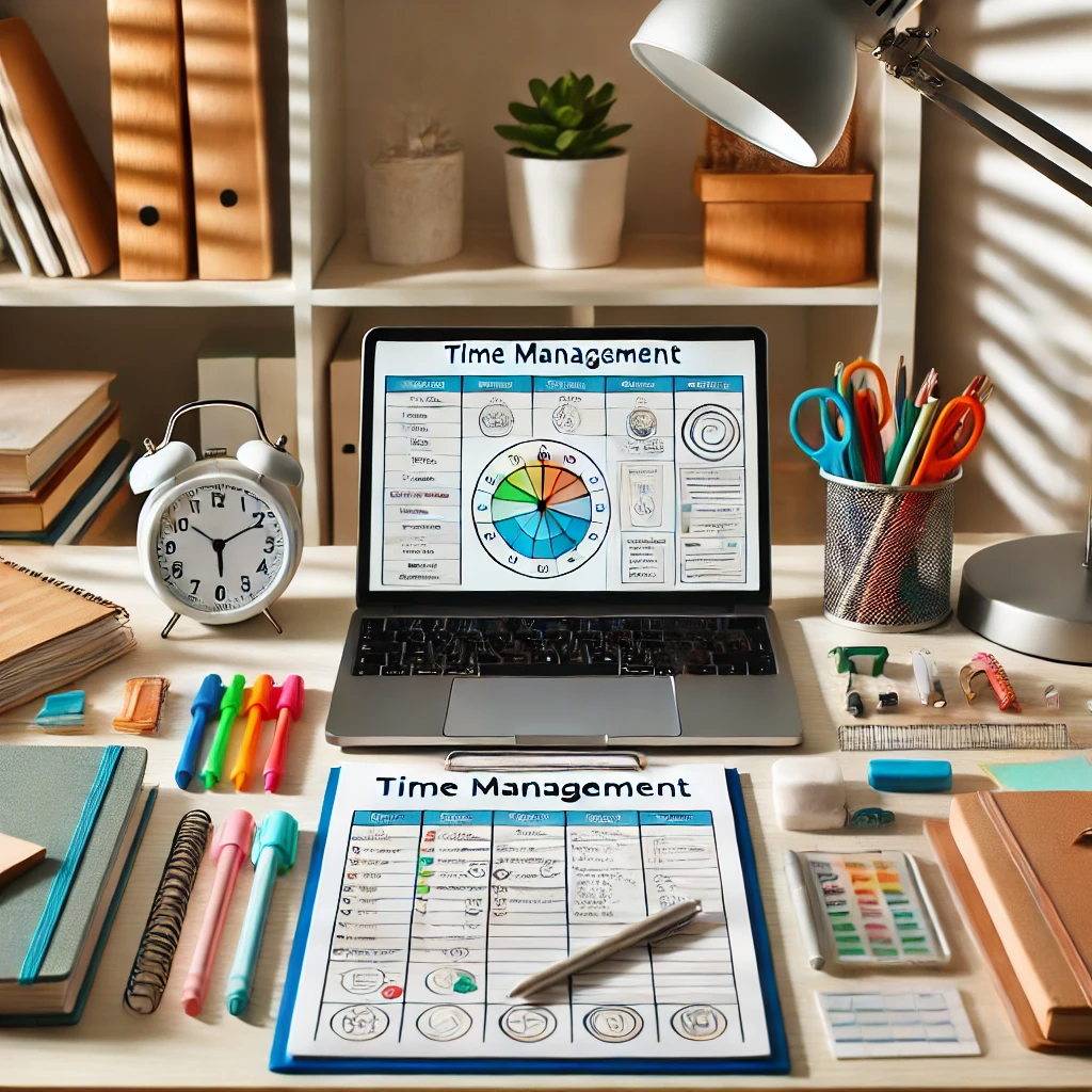 An organized study space featuring a time management worksheet and school.